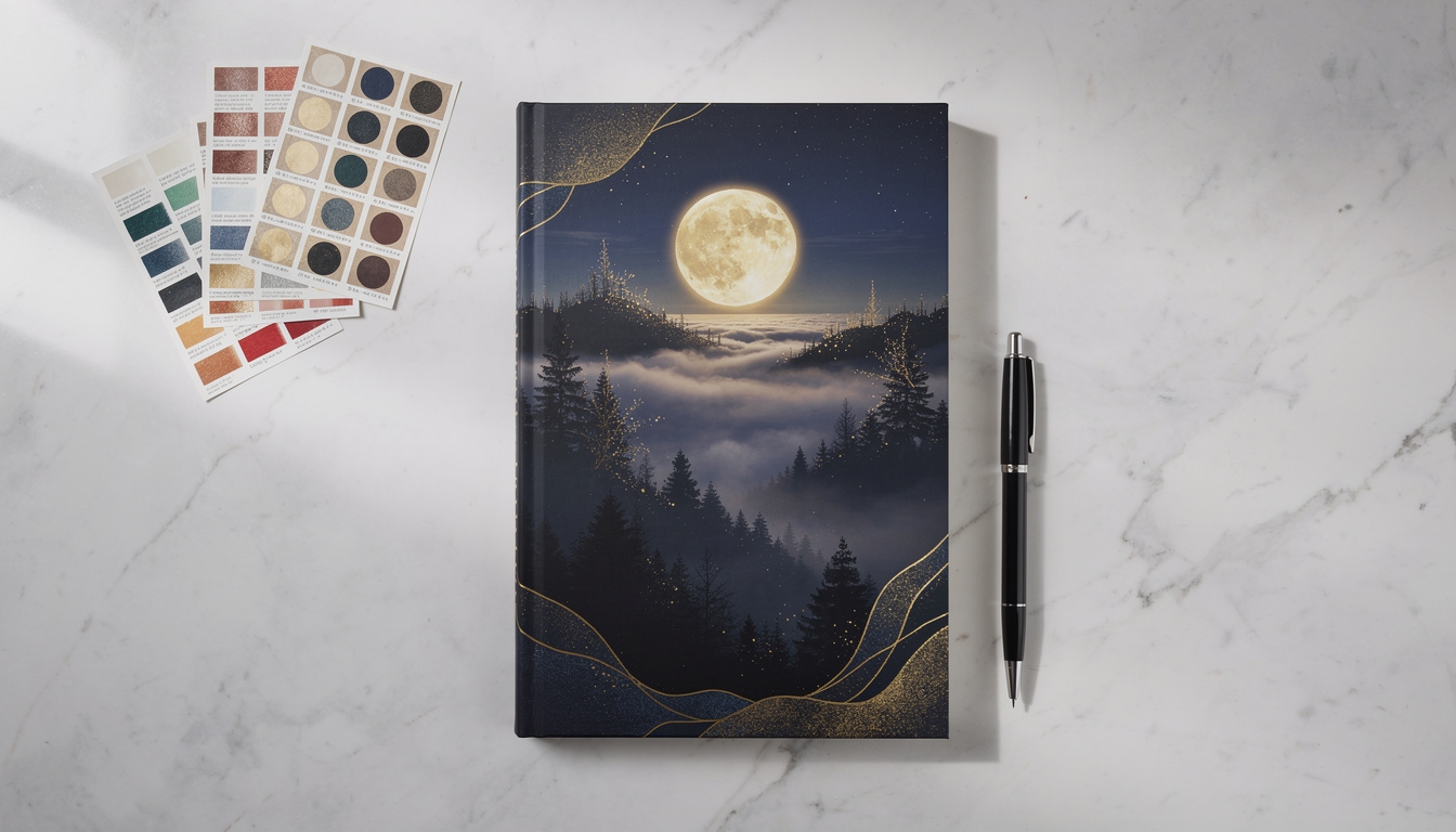 Book cover illustration with layered atmospheric fantasy scene in deep tones