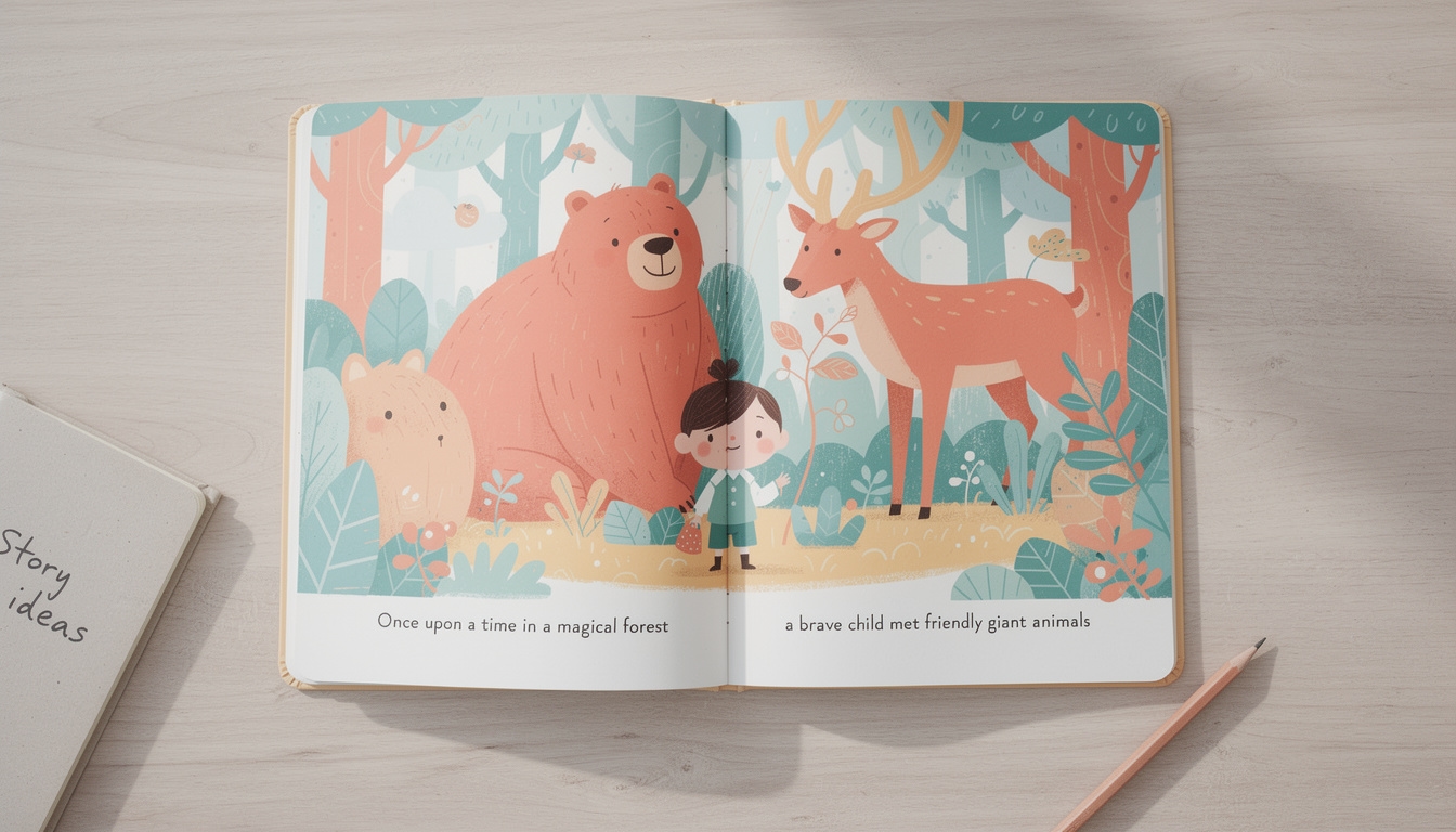 Children's book illustration with bright colorful character scenes and playful composition