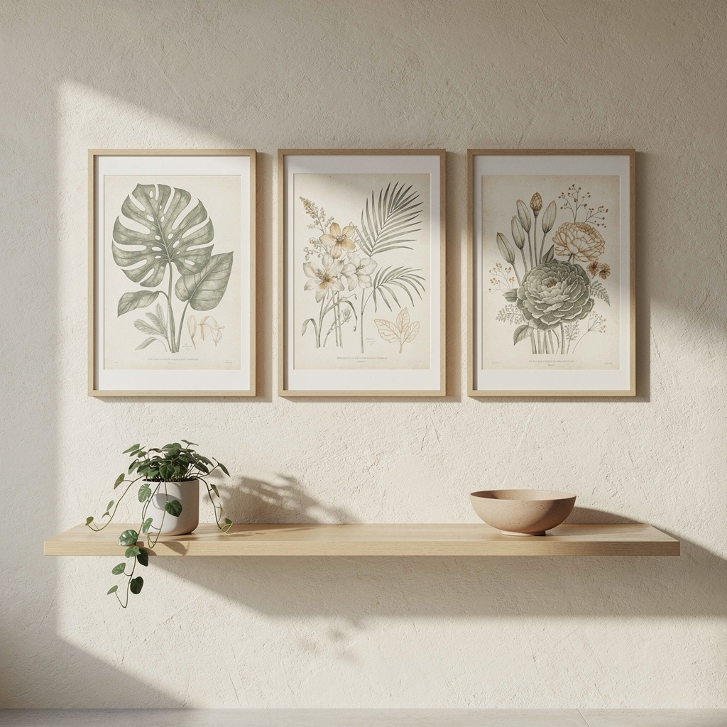 Decorative botanical illustration with layered leaf and flower studies for interior use