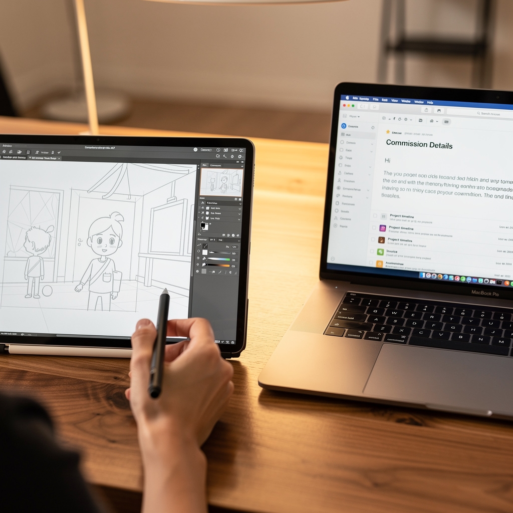 Digital commission process showing tablet screen with illustration in progress and email communication open alongside