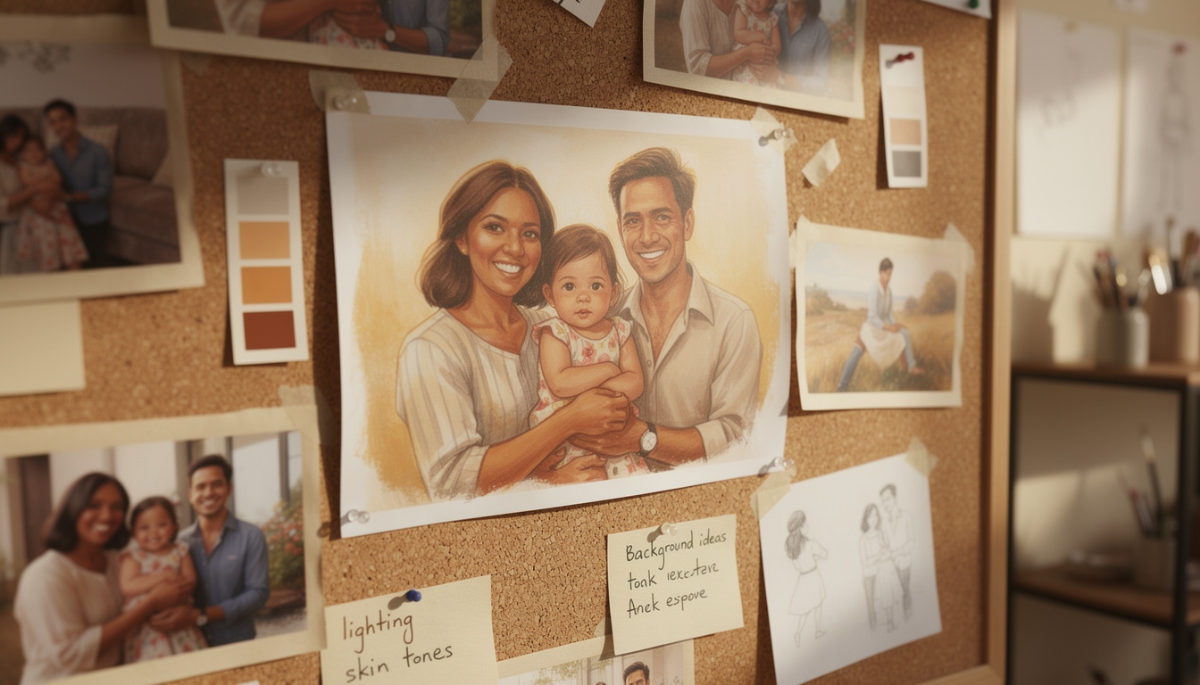 Family portrait illustration in soft digital painting style showing warm family group composition